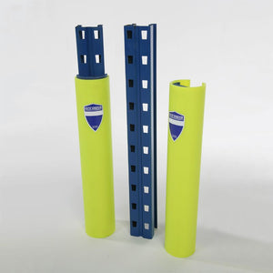 Three yellow HDPE RackZone protectors for 120mm warehouse uprights.