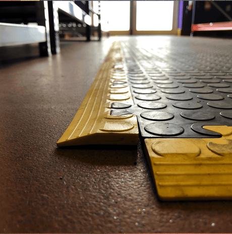 RackZone Vinyl Floor Edging Tiles BLACK (10-pack) with yellow edge for safety.