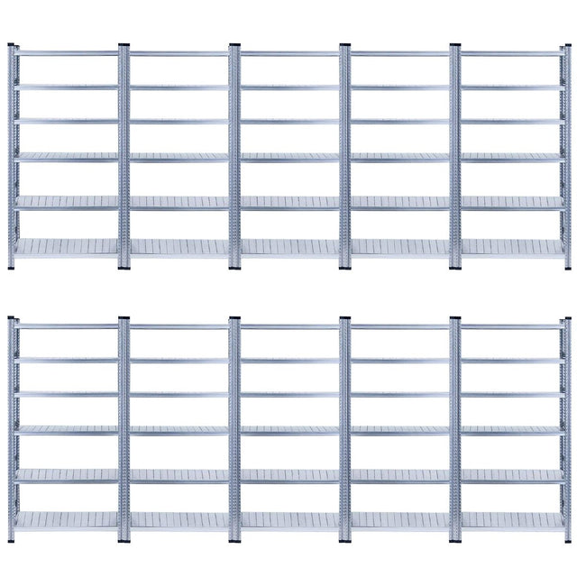 Two rows of RackZone Galvanised Shelving 1972h 5 Level 10 Bay units.