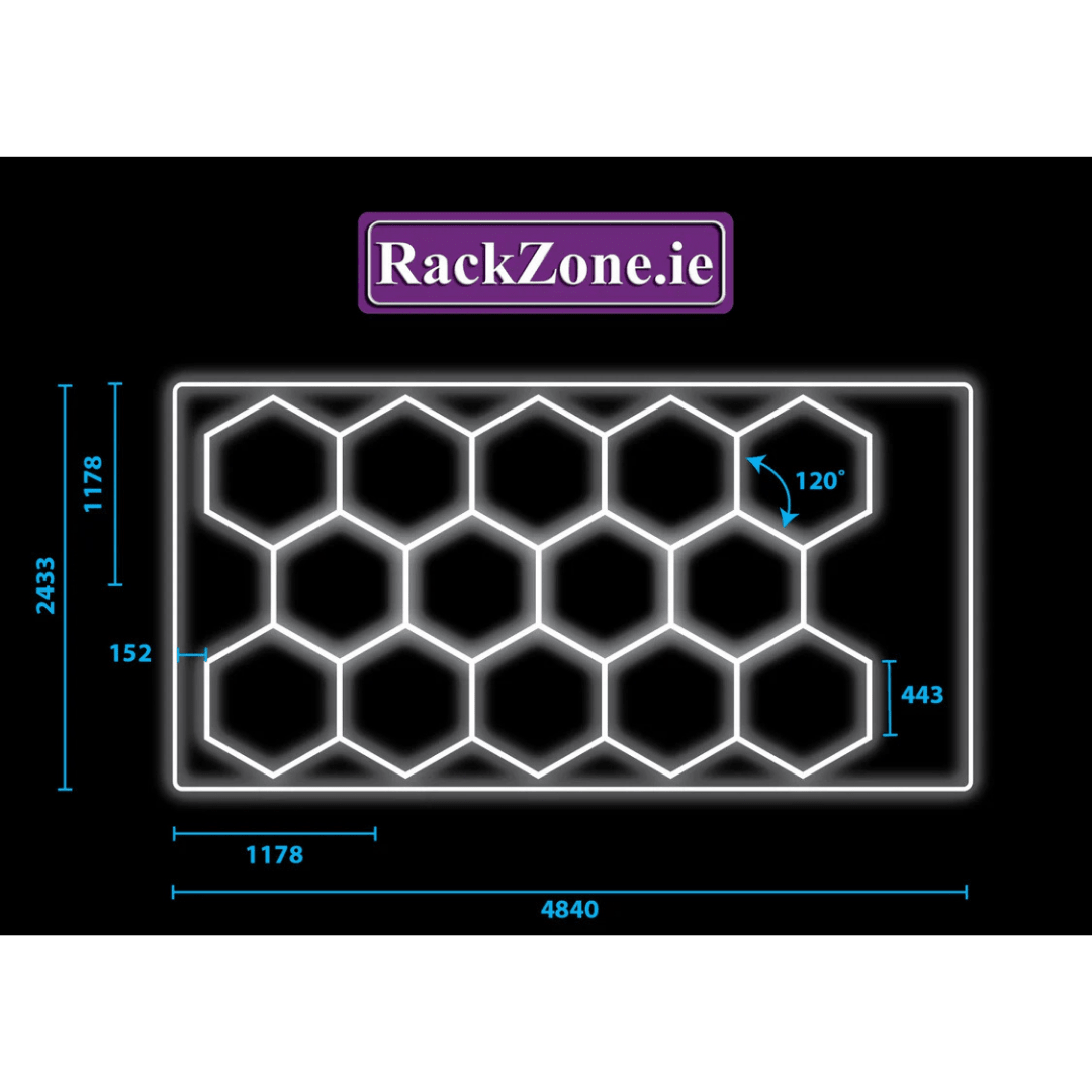 RackZone Hexagonal LED Set 1 diagram with labeled 4835mm x 2435mm dimensions.