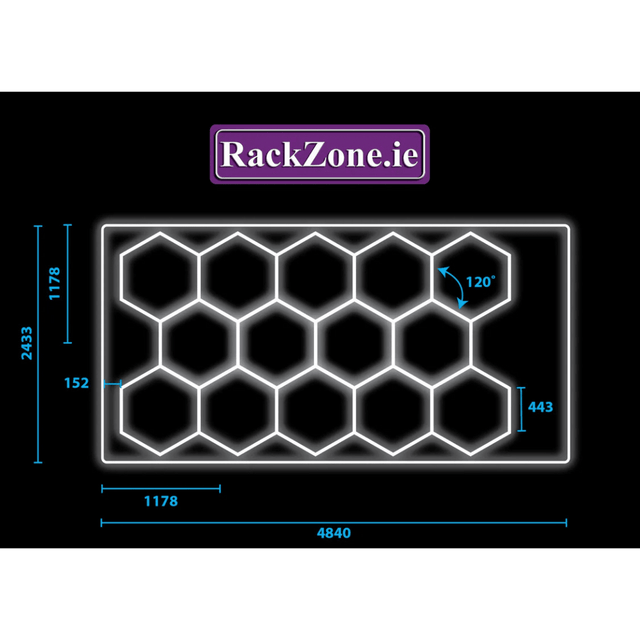 RackZone Hexagonal LED Set 1 diagram with labeled 4835mm x 2435mm dimensions.