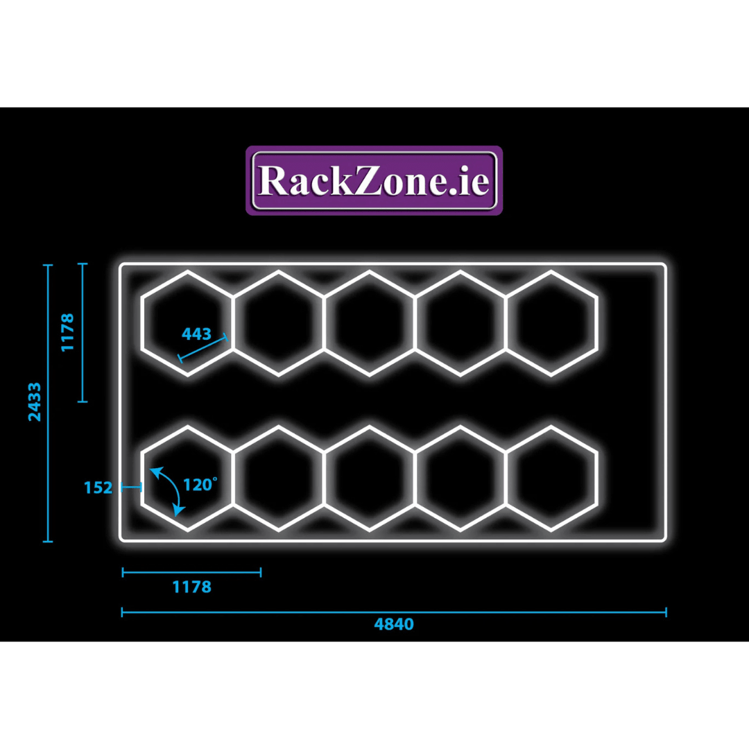 RackZone Hexagonal LED Set 2 diagram: 4835mm x 2435mm rack dimensions shown.