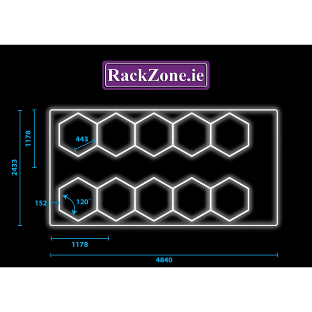 RackZone Hexagonal LED Set 2 diagram: 4835mm x 2435mm rack dimensions shown.