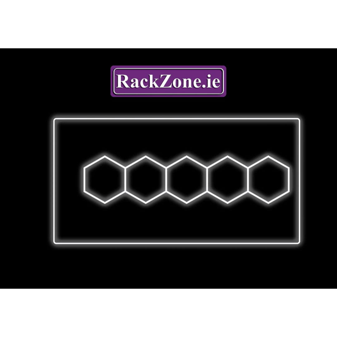 Set of four hexagonal LED lights by RackZone below logo on black background.