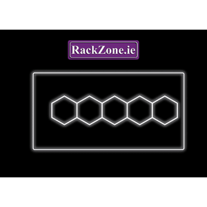 Set of four hexagonal LED lights by RackZone below logo on black background.