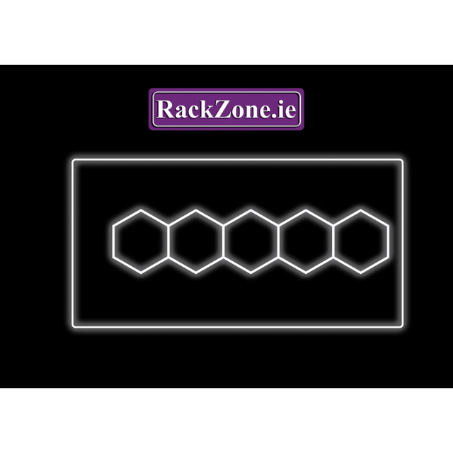 Set of four hexagonal LED lights by RackZone below logo on black background.