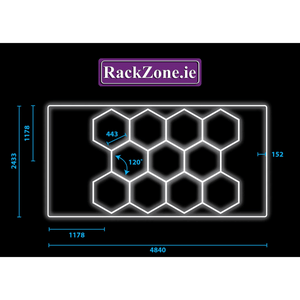 RackZone Hexagonal LED Set 6: Modular grid lighting for gaming rooms, 4835x2435mm.