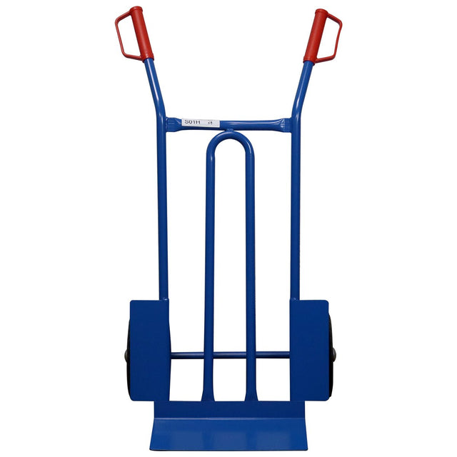 RackZone Hand Truck 250kg, 1048x600x520mm, blue with red handles, front view.