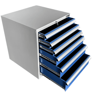 RackZone Industrial Six Drawer Cabinet, steel, blue, on white background.