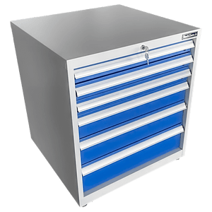 RackZone Industrial Six Drawer Cabinet with locking doors and blue drawers.
