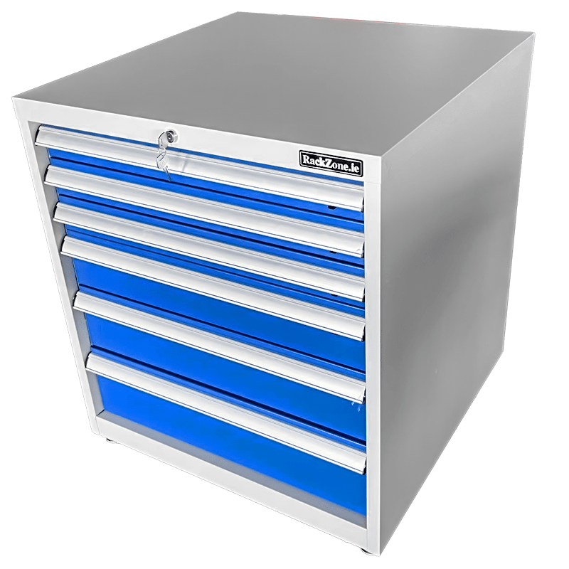 RackZone Industrial Cabinet: 6 blue drawers, top drawer lock, 800Hx710Wx700D.