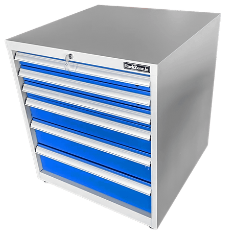 RackZone Industrial Cabinet: 6 blue drawers, top drawer lock, 800Hx710Wx700D.