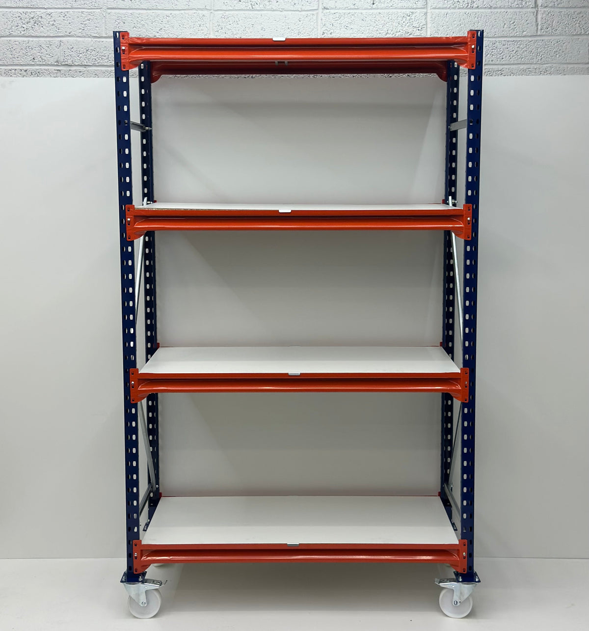 Mobile Longspan Shelving 2150H x 1250W x 600D c/w 4 Levels with White Laminated Chipboard