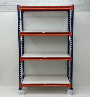 Mobile Longspan Shelving 2150H x 1250W x 600D c/w 4 Levels with White Laminated Chipboard