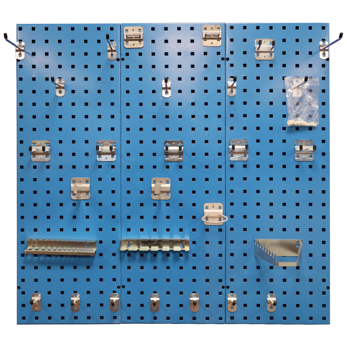 RackZone Wall-Zone Organiser 900x900mm with 28 hooks for garage tool storage.