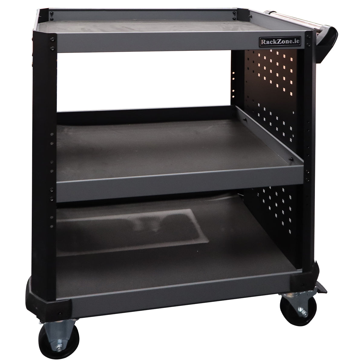 RackZone 3 Tier Service Tool Cart with wheels in black and gray.