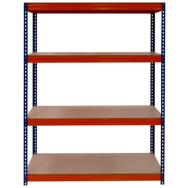 RackZone Shelving 2000h x 1500w x 600d, orange/blue, 4 levels, 600kg capacity.