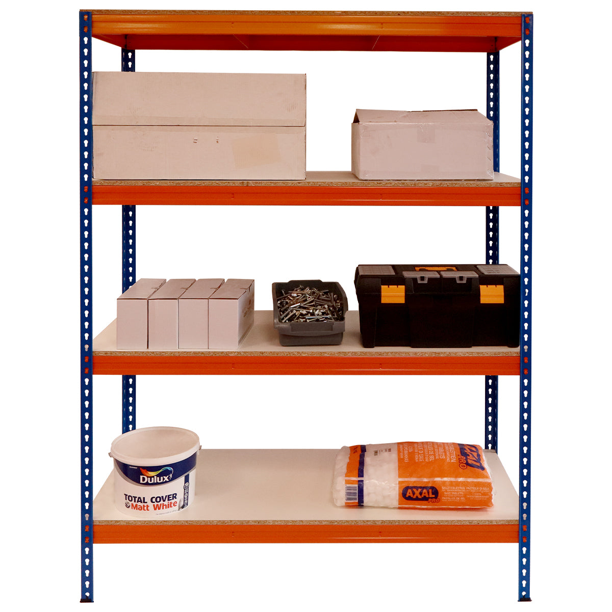RackZone Shelving 2000h x 1500w, 4 Levels, 600kg, Orange/Blue for storage.
