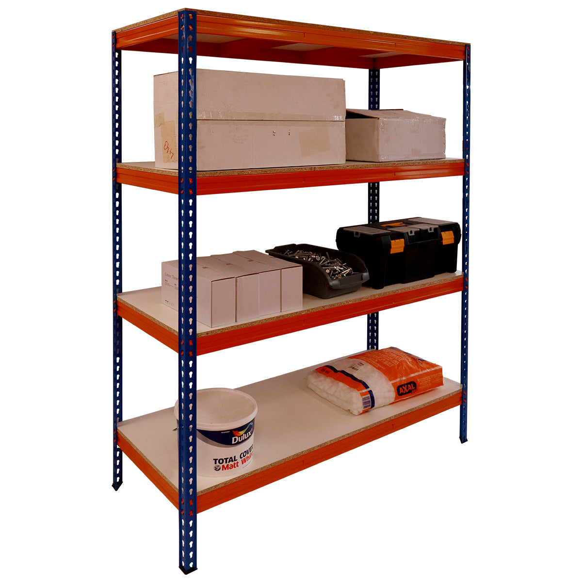 RackZone Shelving 4 Levels holds boxes, tools, paint, and supplies.