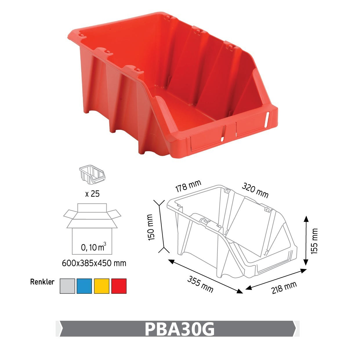 RackZone Economy Part Bins KPA30 156x218x360mm Qty:25 GREY with tech drawing.