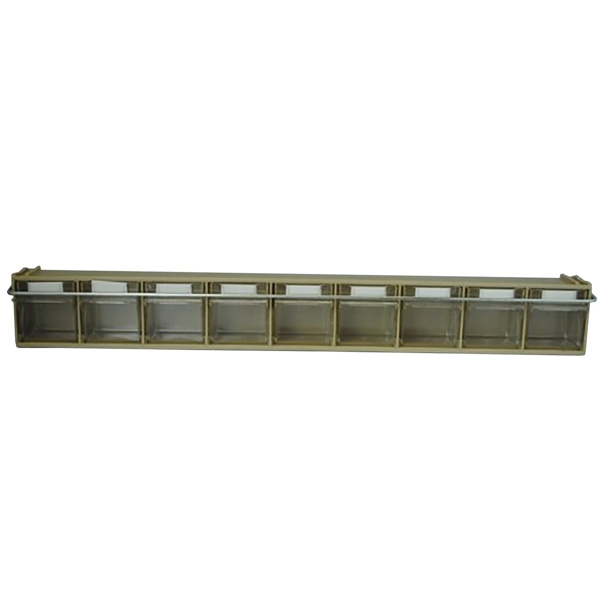 RackZone Storage Tilt Bin Locking Bars secure 10 clear bins for van storage.