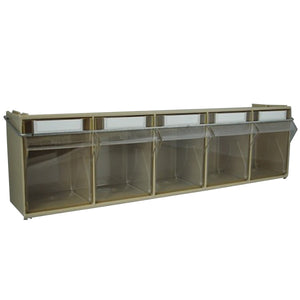 RackZone Storage Tilt Bin Locking Bars secure five-bin van storage with labels.