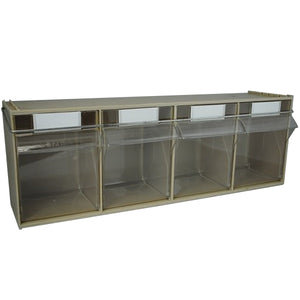 Four RackZone Storage Tilt Bin Locking Bars for flip-top clear plastic bins.