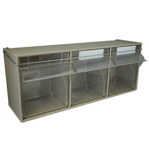 RackZone Storage Tilt Bin Locking Bars secure three-compartment van storage.