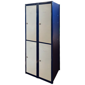 Set of four RackZone 2-door metal lockers, blue frame, beige doors, antimicrobial.