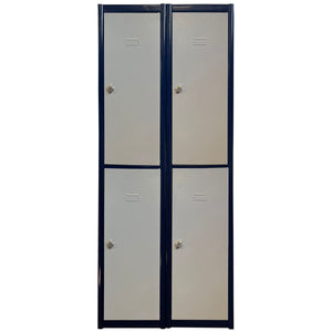 Four RackZone 2-door metal lockers, gray/blue, biosafe paint, padlock-ready.