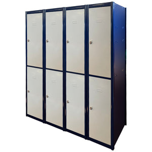 Set of four RackZone 2-door blue/white lockers with padlocks, 1800x500x300mm.