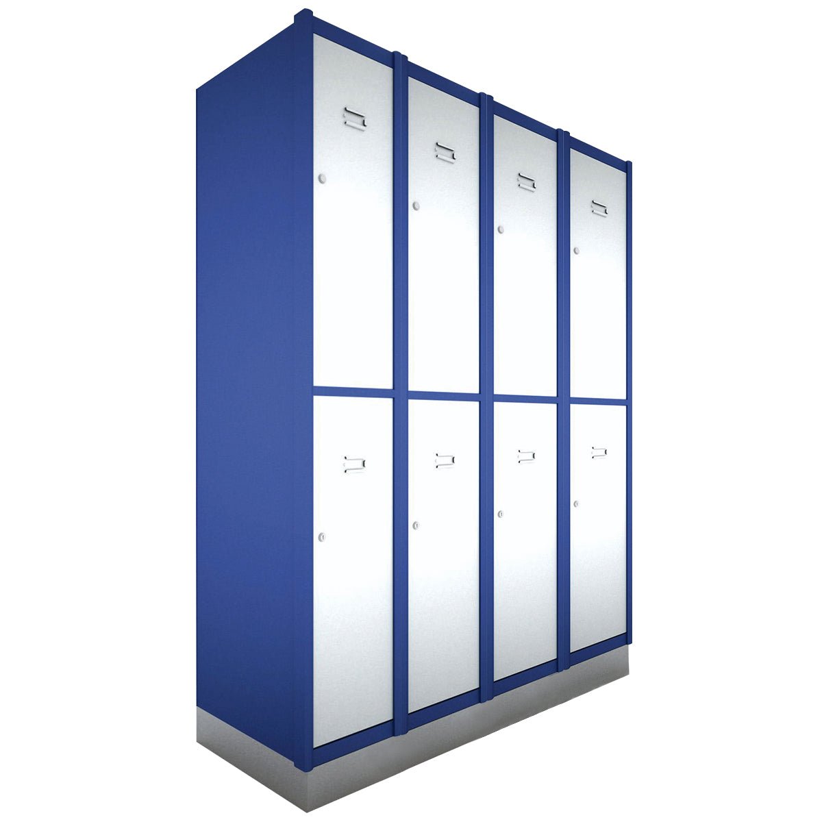 Six RackZone Metal Locker 2 Door units, 4 bay, blue/white, antimicrobial.