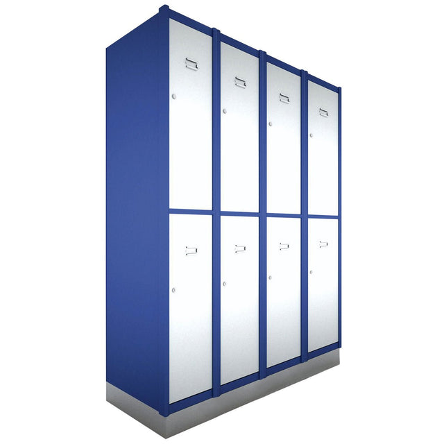 Six RackZone Metal Locker 2 Door units, 4 bay, blue/white, antimicrobial.