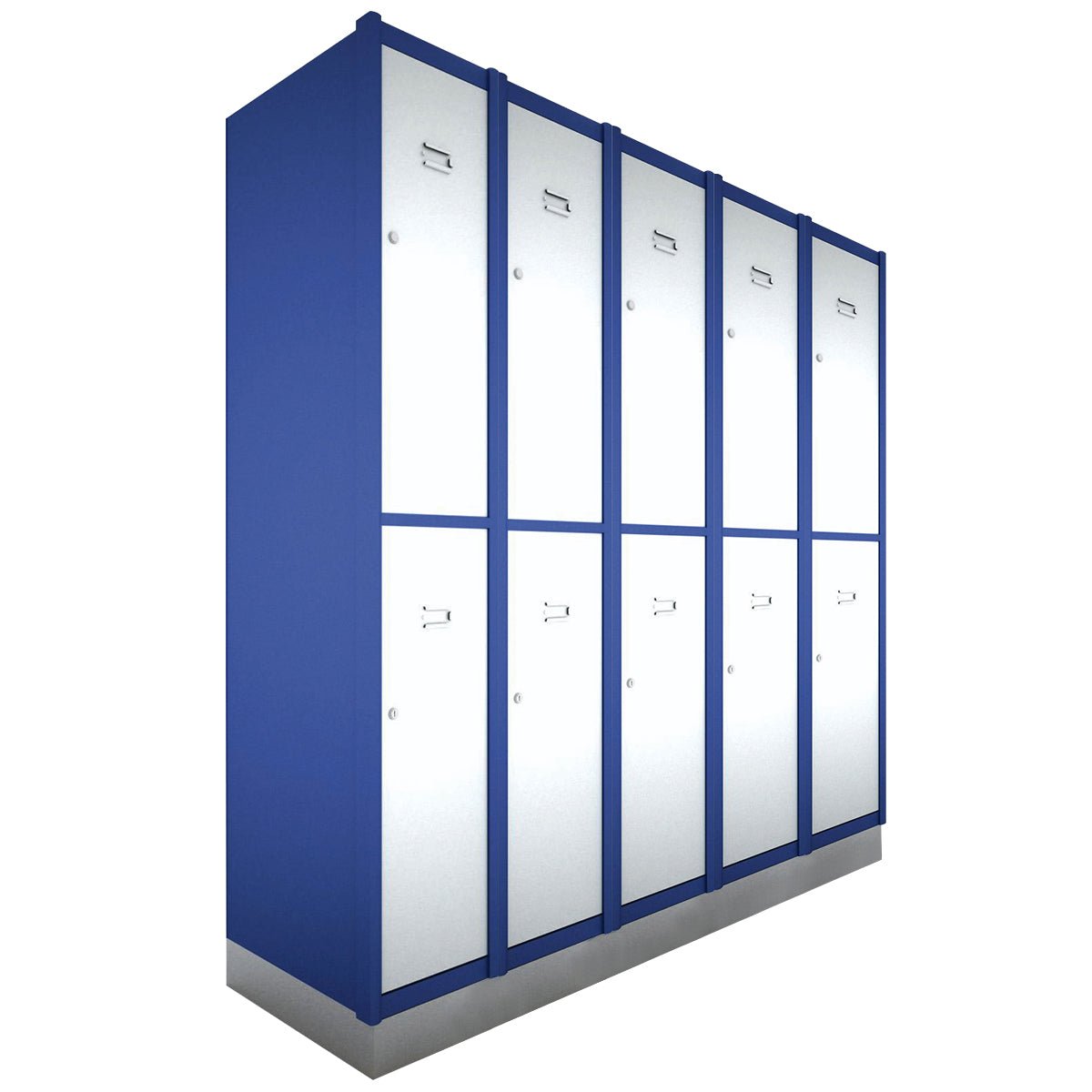 A row of six RackZone blue/white 2-door lockers on a gray base.