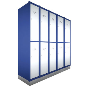A row of six RackZone blue/white 2-door lockers on a gray base.