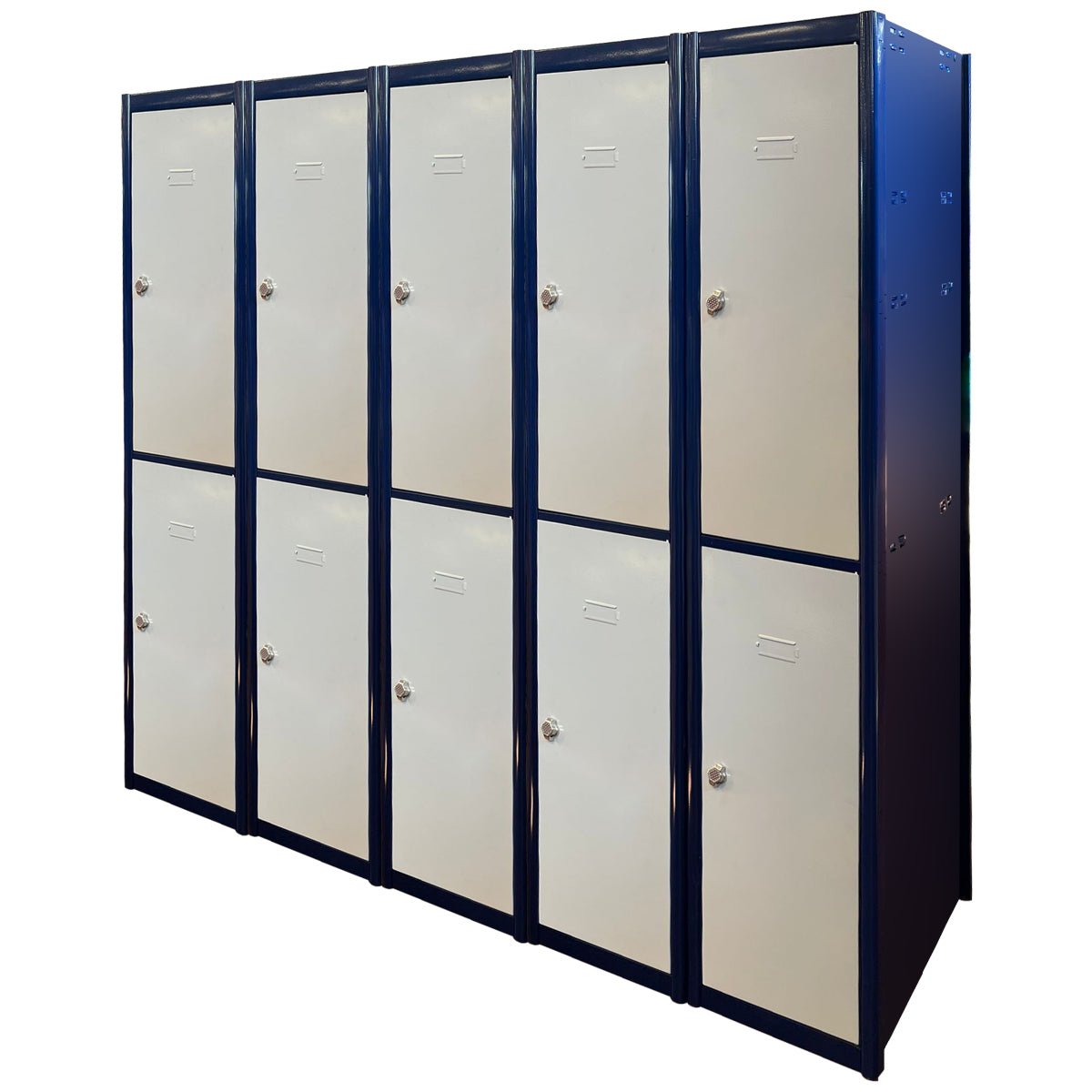 Eight RackZone Metal Lockers, 2-door, blue frame & white doors, in two rows.