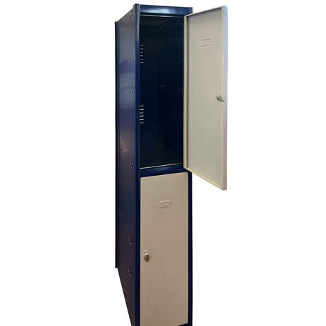 RackZone Metal Locker 2 Door, blue, one upper door open, one closed.