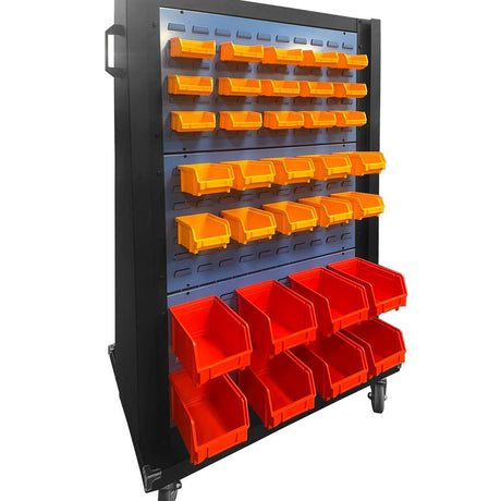 RackZone double sided louvred panel trolley with orange and red storage bins.