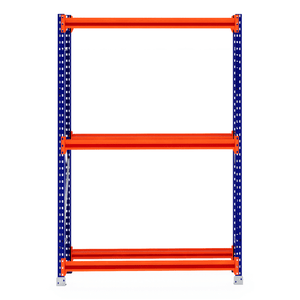 RackZone Tyre Racking 600mm Starter, blue frame & orange shelves, front view.