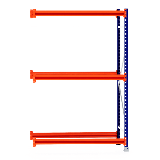 RackZone Tyre Racking Extender with three orange shelves, blue frame, 600mm deep.