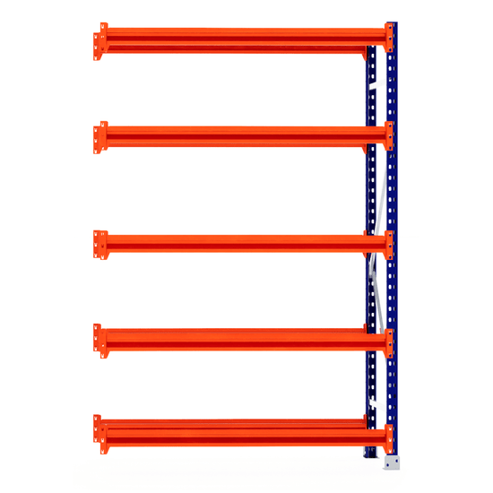 Five orange Tyre Racking beams on blue RackZone frame, 600mm depth.