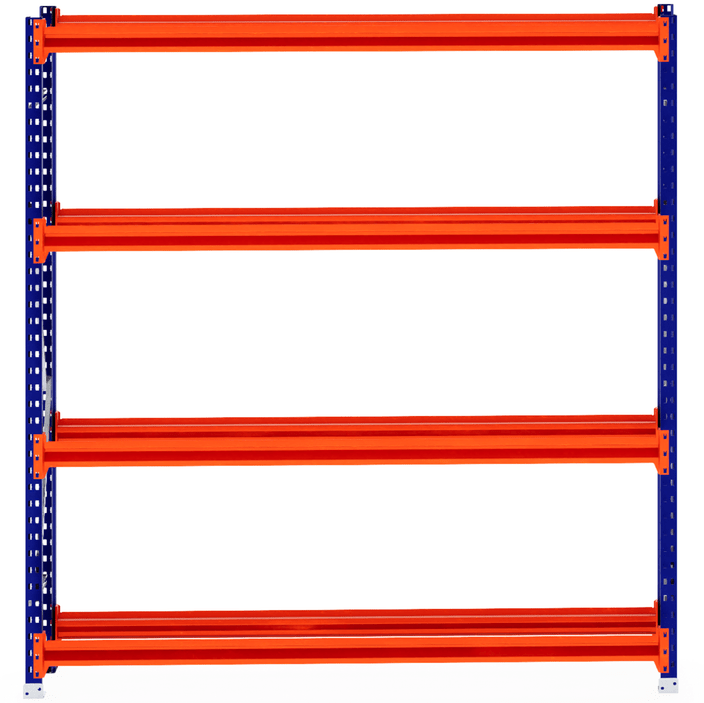 RackZone Tyre Racking 400mm Starter with 4 orange shelves, blue beams.