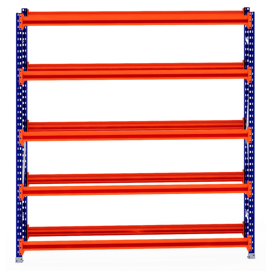 RackZone Tyre Racking 600mm, six orange shelves, blue supports, starter unit.