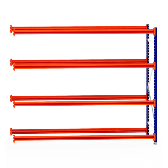 Four Tyre Racking Extender beams by RackZone are on a blue shelving frame.