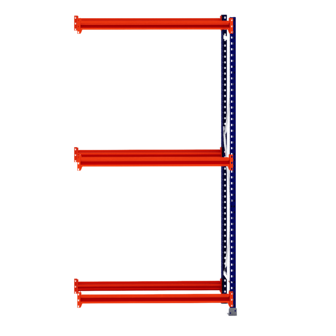Three orange beams on a blue RackZone Tyre Racking 400mm Depth - Extender frame.