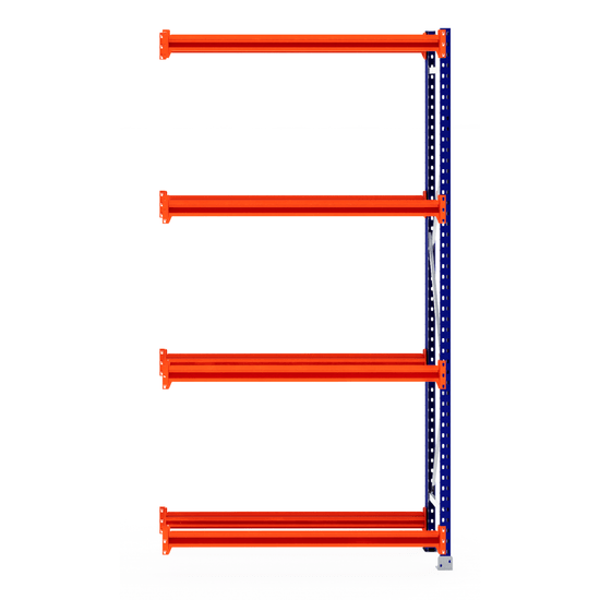 RackZone Tyre Racking 600mm Depth Extender with orange beams, blue frame.