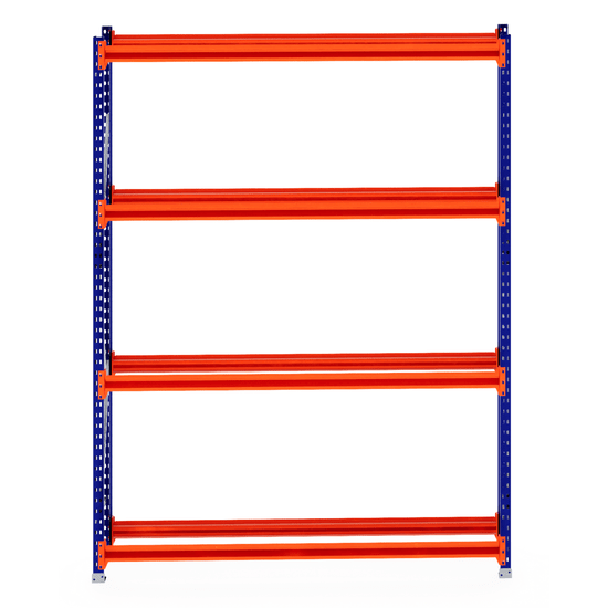 RackZone Tyre Racking 400mm Starter—orange beams, blue supports, ideal storage.