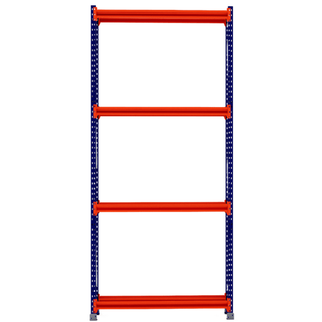 RackZone Tyre Racking 400mm Starter with 4 orange shelves, blue frame, front view.