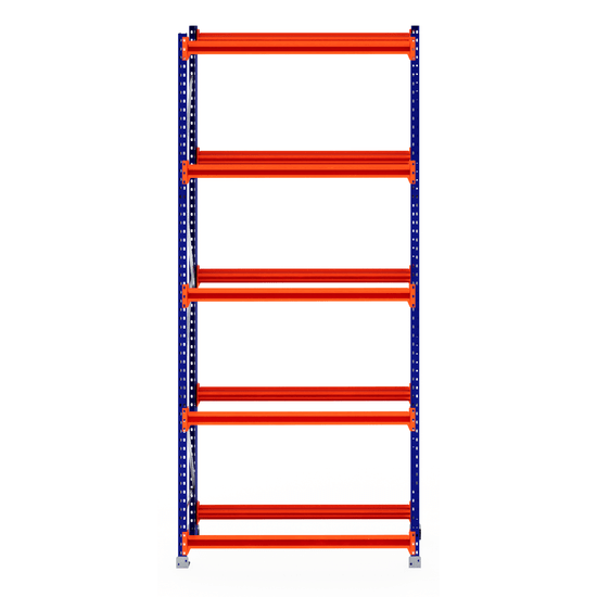 RackZone Tyre Racking Starter: blue supports, 5 orange metal shelves, 600mm deep.
