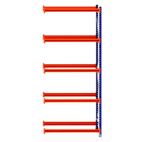 Five orange beams on a blue RackZone Tyre Racking 600mm Depth Extender.